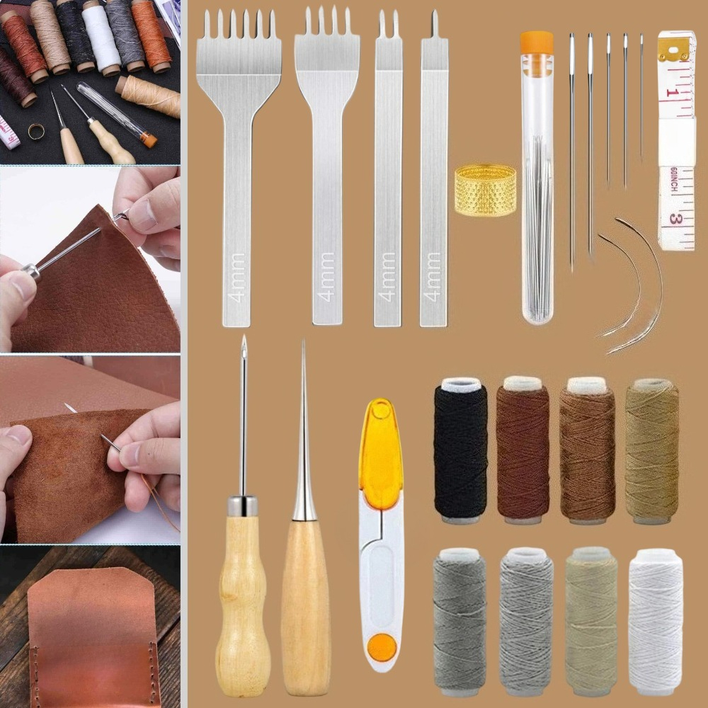 Punch Needle Kit - 34 Pcs Leather Pouch Kit,Hole Punch,