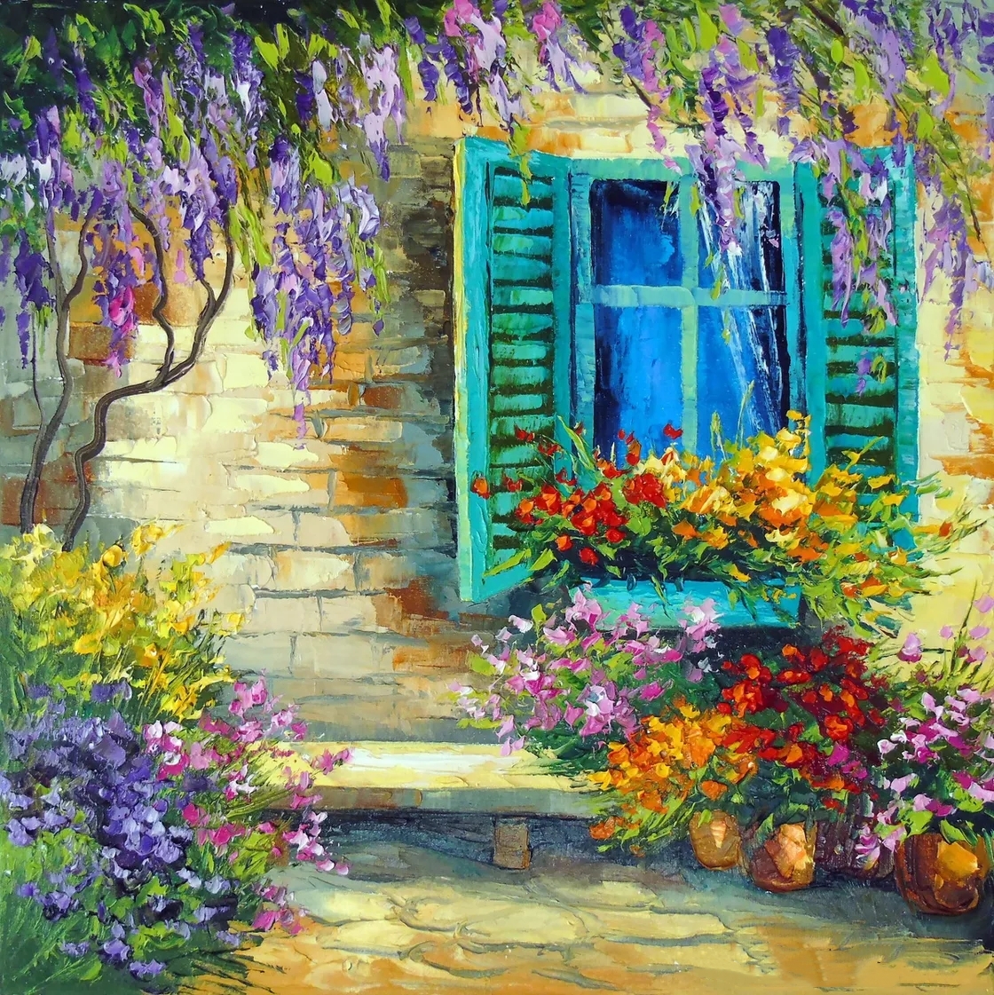 Painting Knife Palette - Impressionistic Wisteria Window Textured Flower Oil
